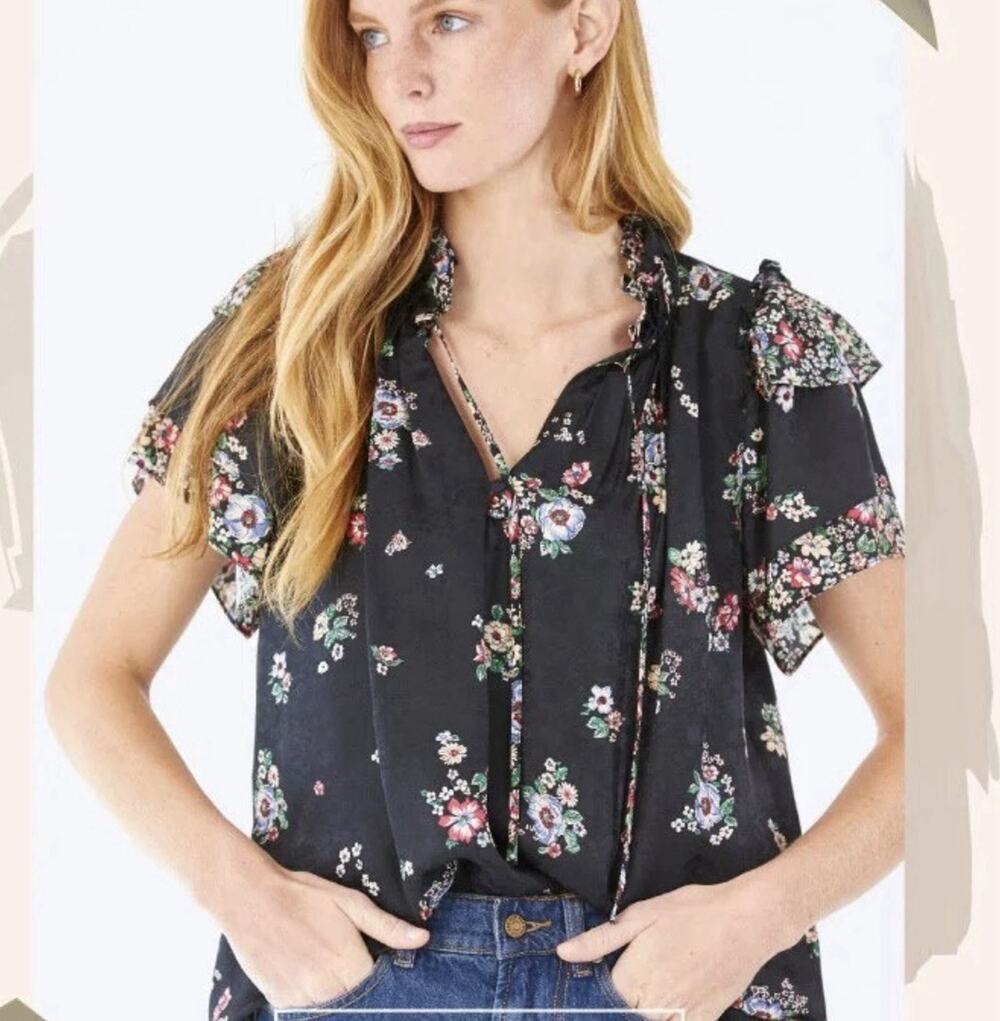 Hunter Bell Millie Top Black Floral Silk Peasant Satin Art To Wear Ruffle S